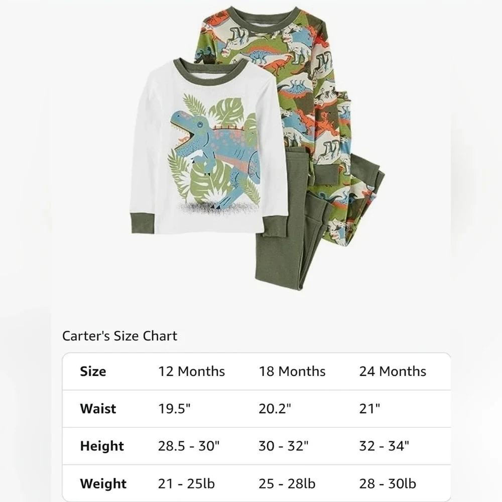 Carters Kids 4 Piece Pajama Set‎ 12M Dinosaur Print Cotton Sleepwear 1P842710